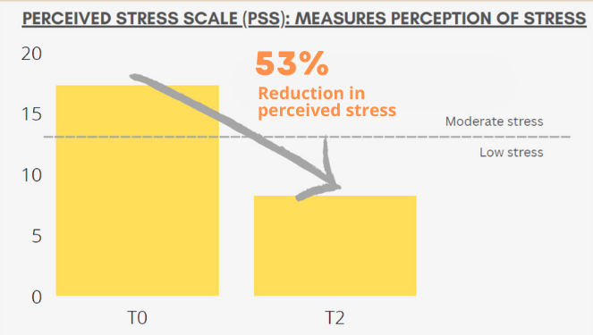 Bar chart of Perceived Stress Scale scores: about 17, moderate stress, before the program and about 8, low stress, after it