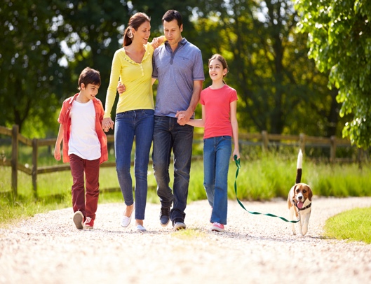 Family walking a dog together on a tree-lined path