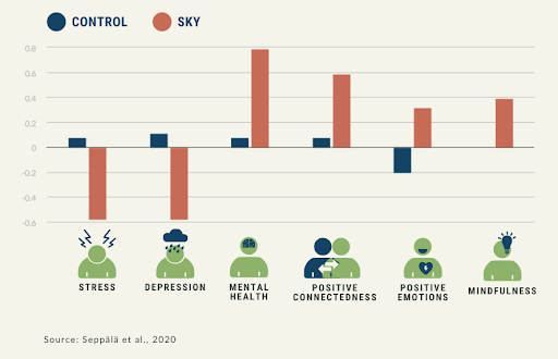 Bar chart comparing SKY with a control group on stress, depression, mental health, positive connectedness, positive emotions and mindfulness; SKY shows larger improvements on every measure